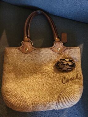 Coach Straw Tote Bag with Brown Leather Trim and Floral Appliqué